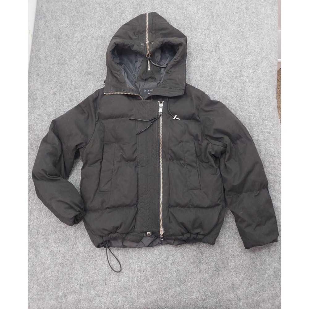 ALL SAINTS Quinn Puffer Coat Womens Medium Black Duck Down Full Zip Hood Winter
